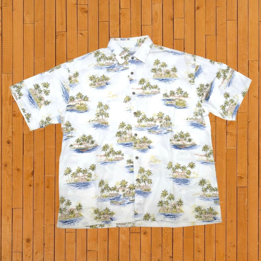 Mens Vintage Windham Pointe White Hawaiian Shirt Pocket XL Medium Tropical‎ - C1